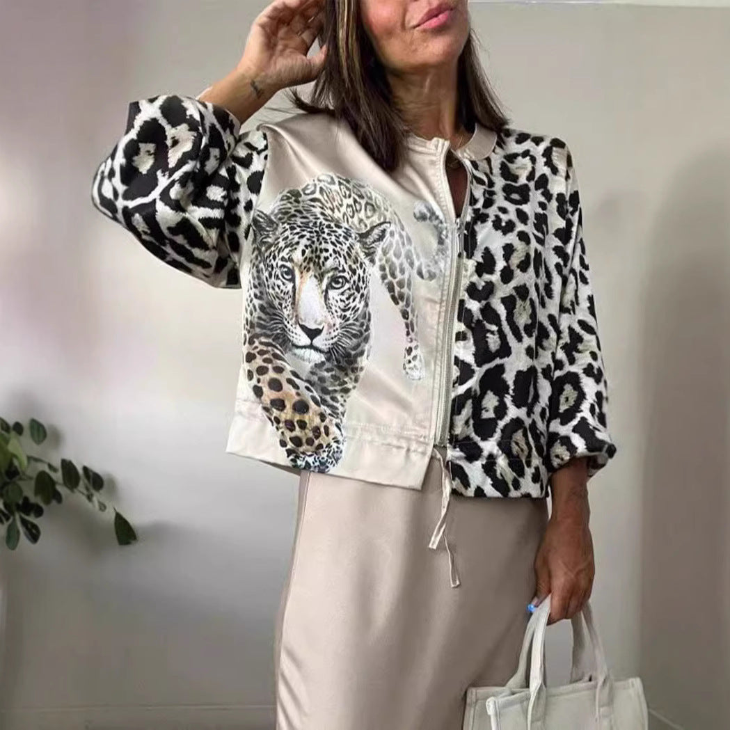 Damen entspannte Bomberjacke mit extravagantem Leoparden-Motiv R&B