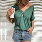 Damen Oversized T-Shirt mit Knopfleiste und modernem V-Ausschnitt R&B