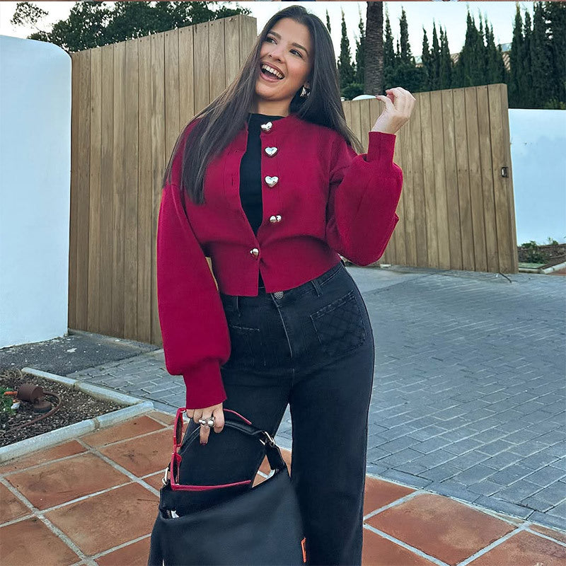 Damen Pullover mit Herzknöpfen und Puffärmeln R&B
