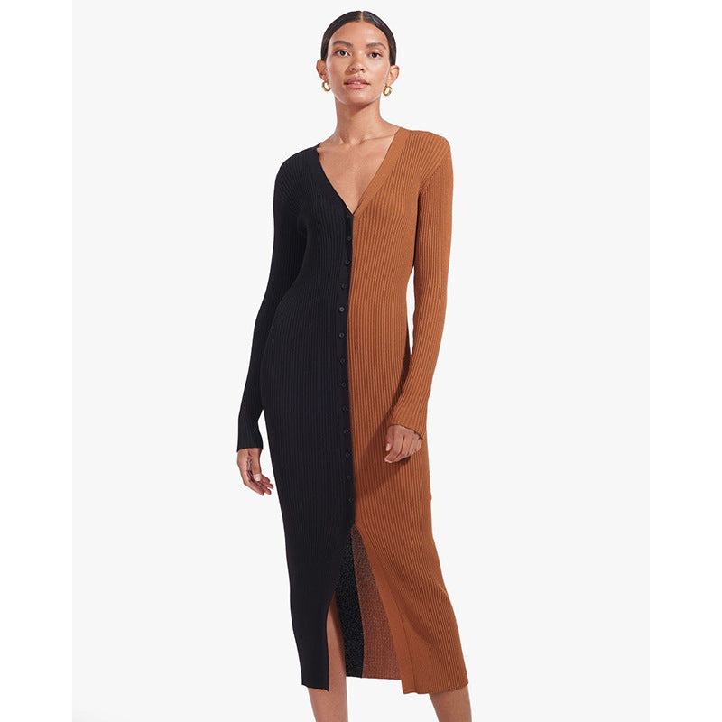Damen Knopf-Design Maxikleid mit tiefem V-Ausschnitt und Rippstruktur R&B