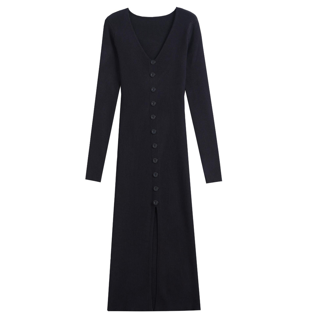 Damen Langes Strickkleid mit V-Ausschnitt und durchgehender Knopfleiste R&B