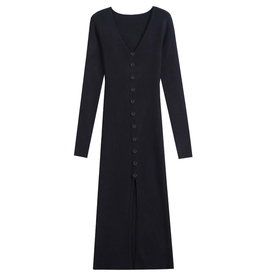 Damen Langes Strickkleid mit V-Ausschnitt und durchgehender Knopfleiste R&B