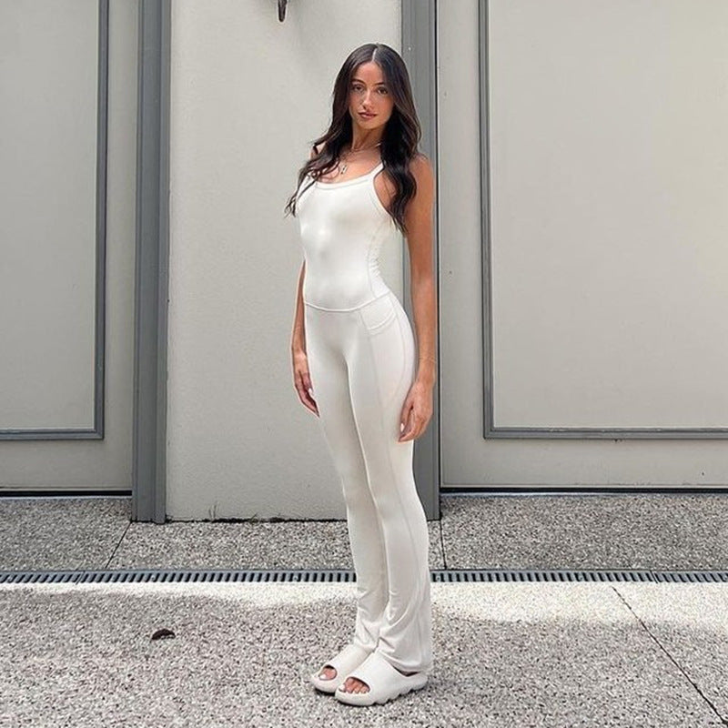 Damen Eleganter Jumpsuit mit trägerlosem Oberteil und praktischen Taschen R&B