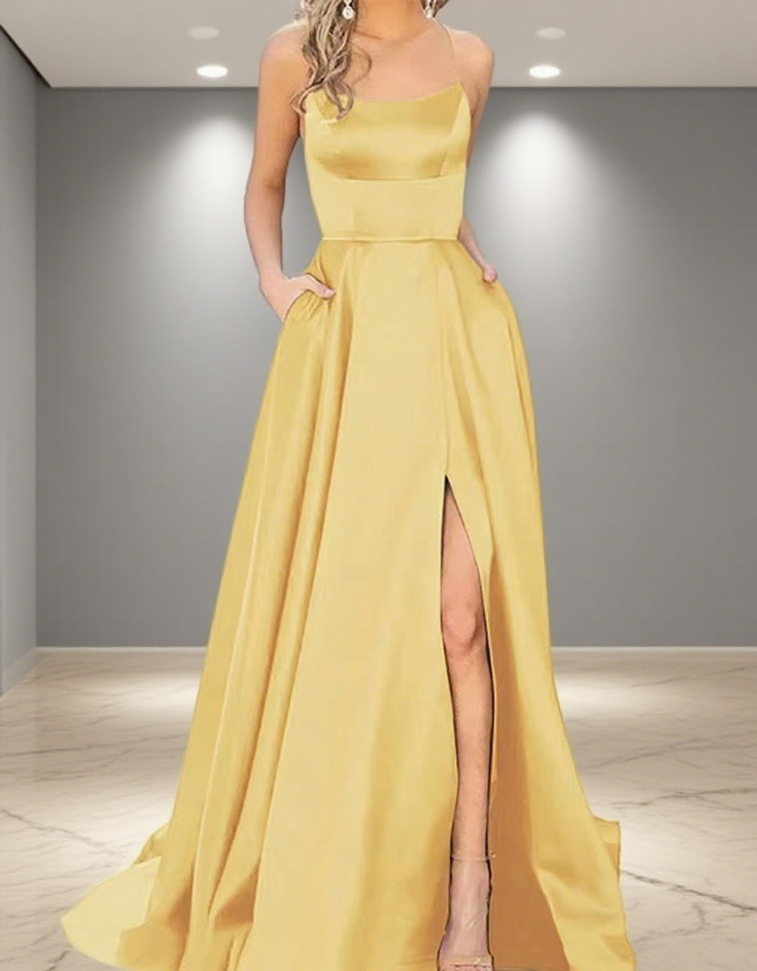 Damen Elegantes Abendkleid mit seitlichem Schlitz und schmalen Spaghetti-Trägern R&B