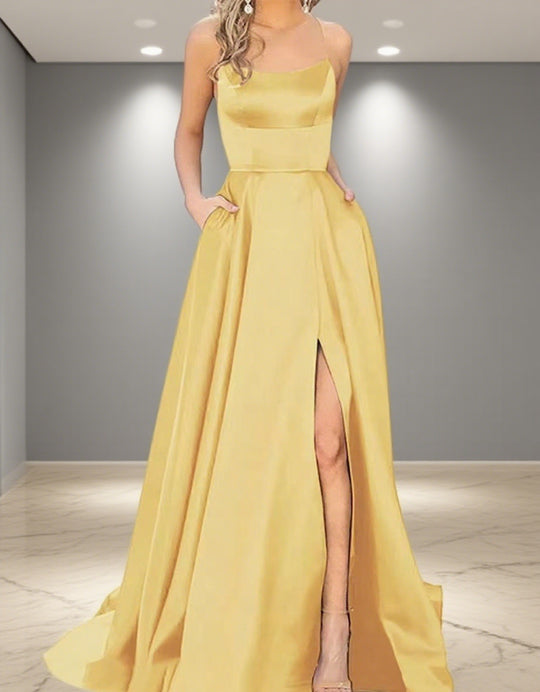 Damen Elegantes Abendkleid mit seitlichem Schlitz und schmalen Spaghetti-Trägern R&B