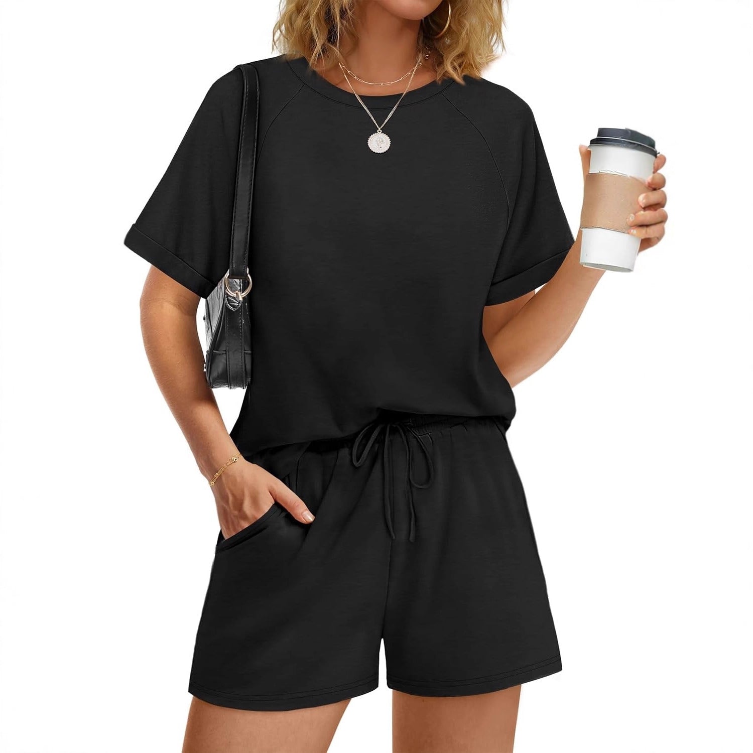 Damen lässiger Kombi aus T-Shirt und Shorts mit elastischem Bund R&B