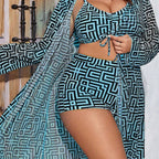 Damen Strandkostüm mit transparentem Überwurf und stylischem geometrischen Muster R&B