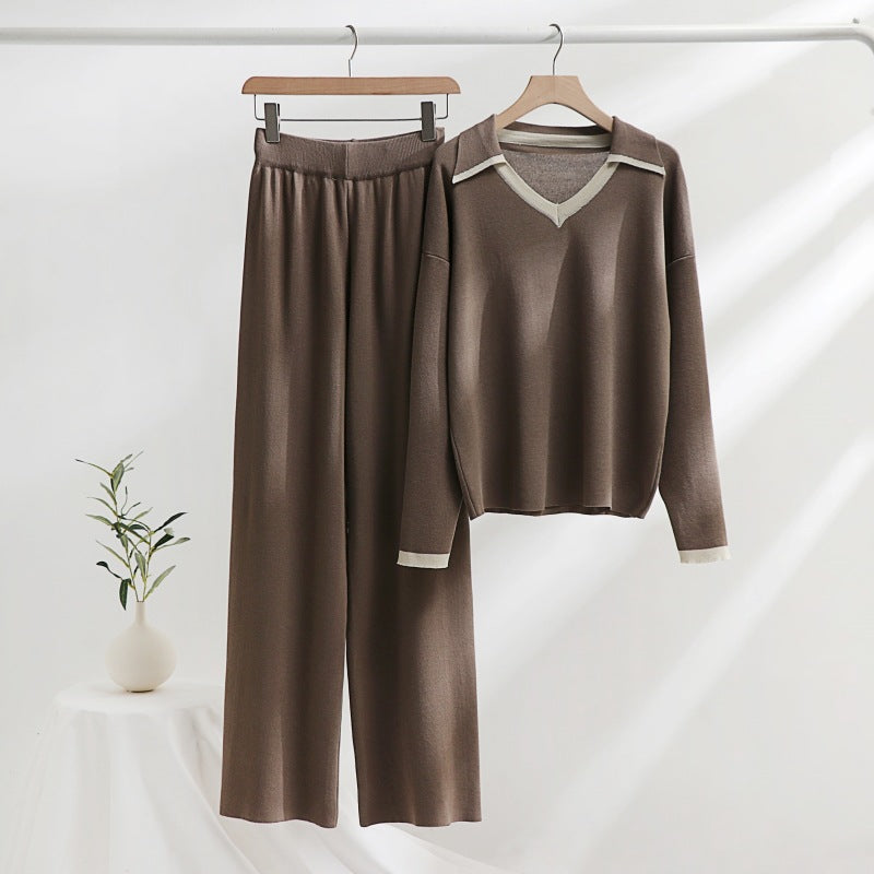 Damen gemütliches Strick-Loungewear-Set mit kontrastierendem Kragen und weitem Bein R&B