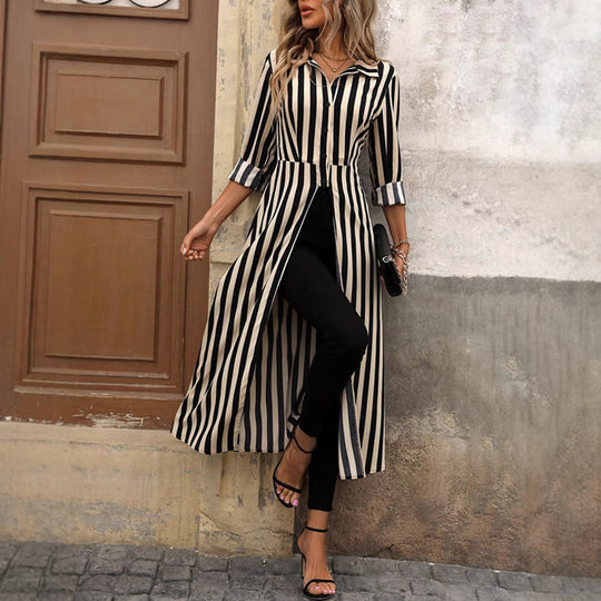 Damen gestreiftes Maxikleid mit Taillengürtel R&B