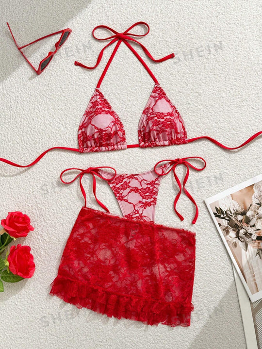 Damen Spitzen-Bikini mit floralem Design und fließendem Rock R&B