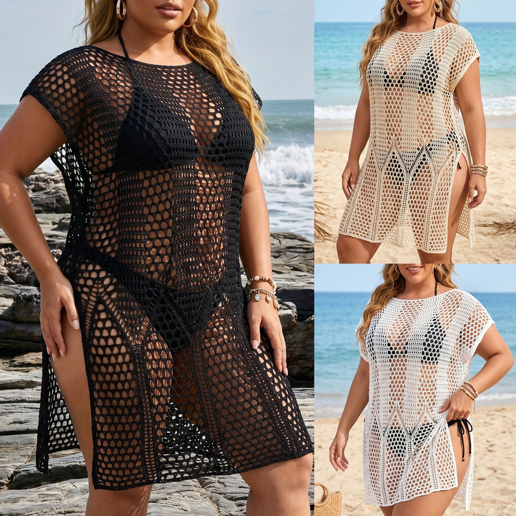 Damen gehäkelter Strandüberwurf mit seitlichen Schlitzen R&B