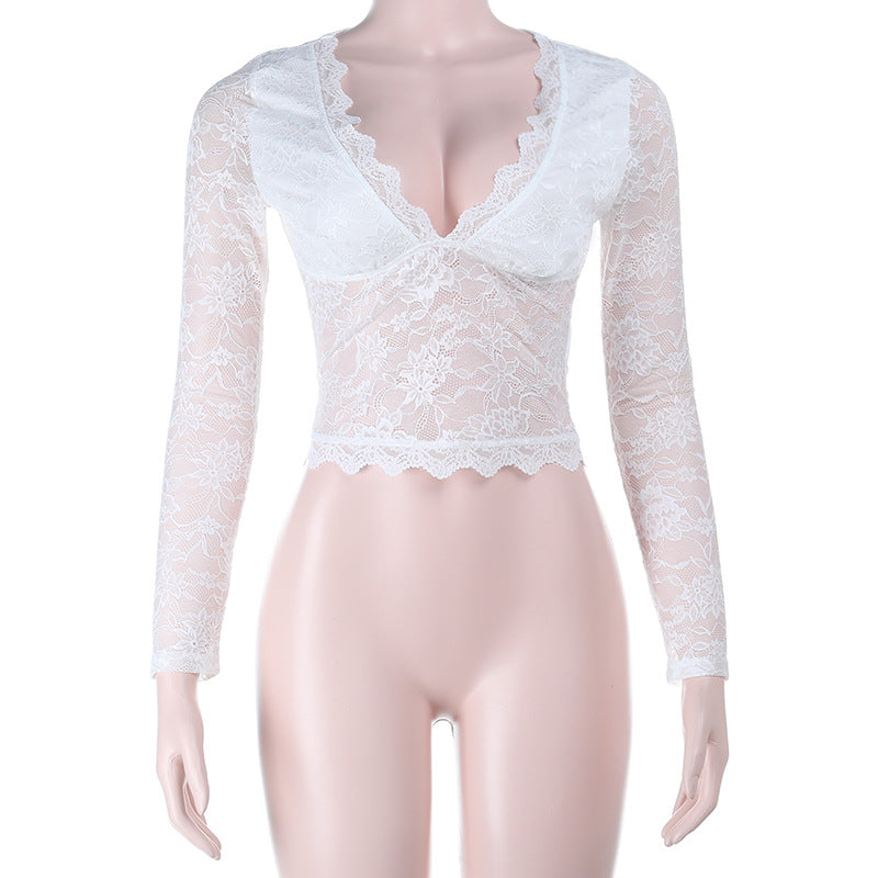 Damen Spitze Langarmshirt mit V-Ausschnitt und Rüschen R&B