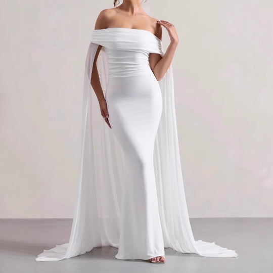 Damen Elegantes Off-Shoulder Abendkleid mit fließendem Transparenz-Cape und figurumspielendem Schnitt R&B