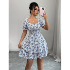 Damen Blumenkleid mit Rüschensaum und Puffärmeln R&B