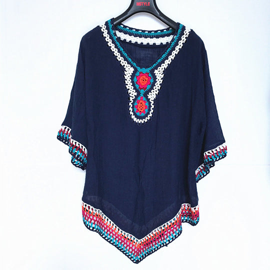 Damen Häkel-Strandtunika mit floralem V-Ausschnitt und buntem Besatz R&B