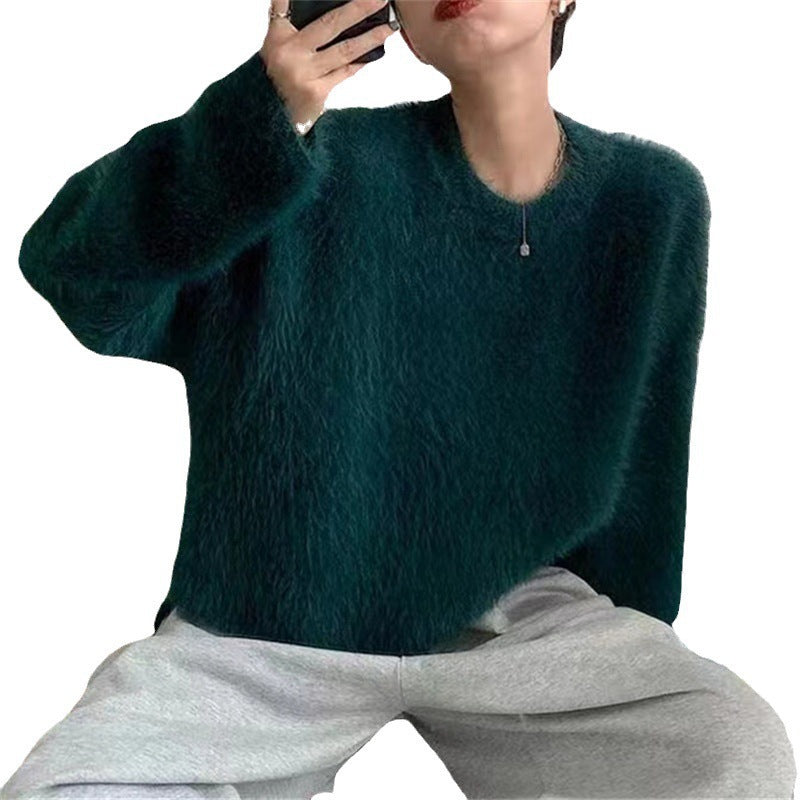 Damen Flauschiger Pullover mit lässigem Schnitt und hohem Rundhalsausschnitt R&B