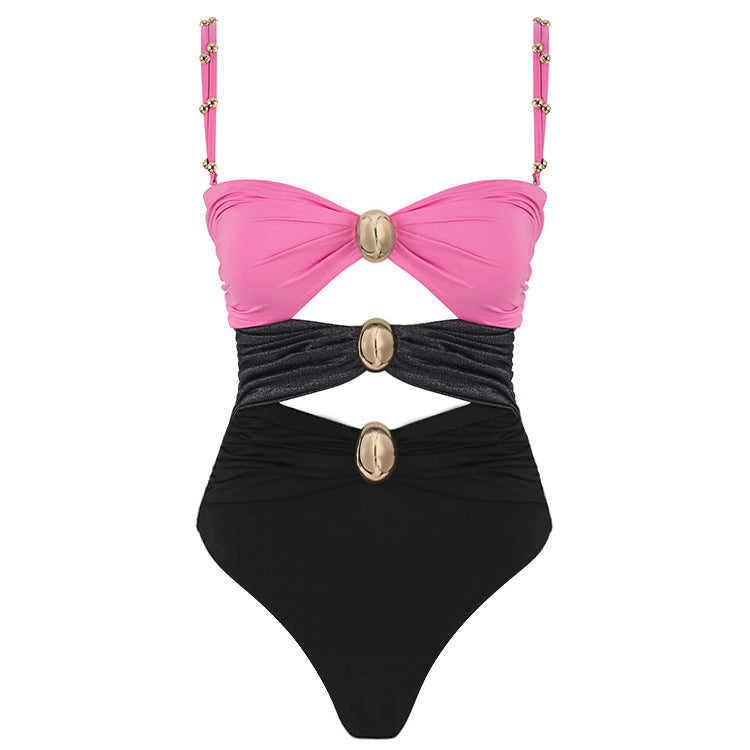 Damen Badeanzug mit raffinierten Drapierungen und eleganten Goldakzenten R&B