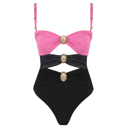 Damen Badeanzug mit raffinierten Drapierungen und eleganten Goldakzenten R&B