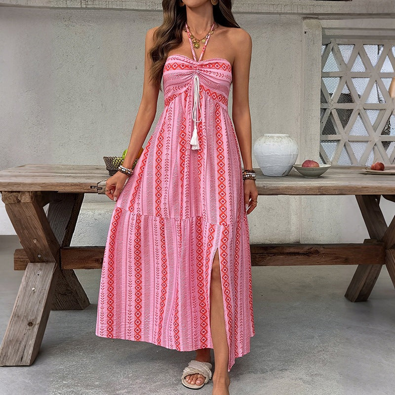 Damen Maxi-Strandkleid mit elastischem Oberteil und verspieltem Muster R&B