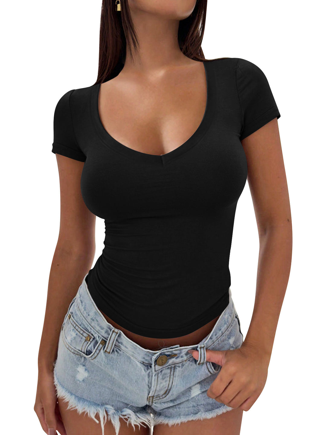 Damen figurbetontes V-Ausschnitt T-Shirt aus weichem Stretchmaterial R&B