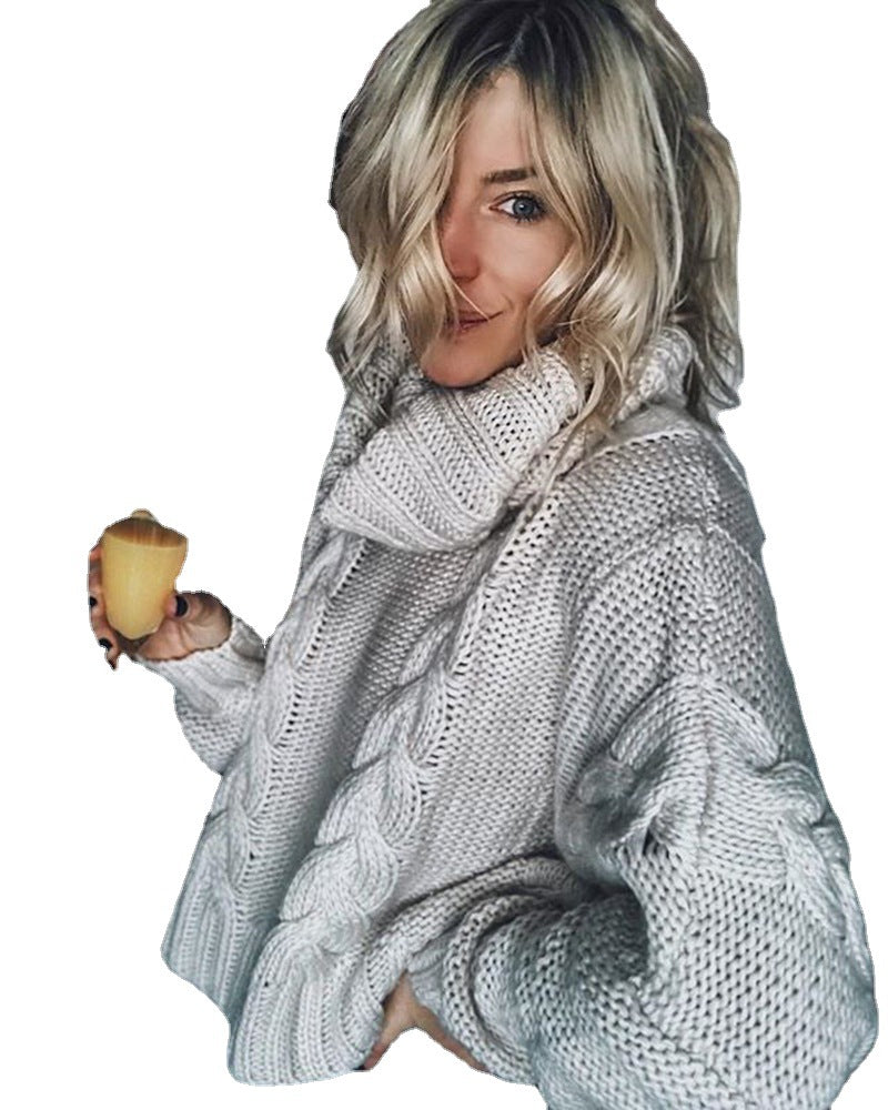 Damen Grobstrickpullover mit dekorativem Zopfmuster und hohem Kragen R&B