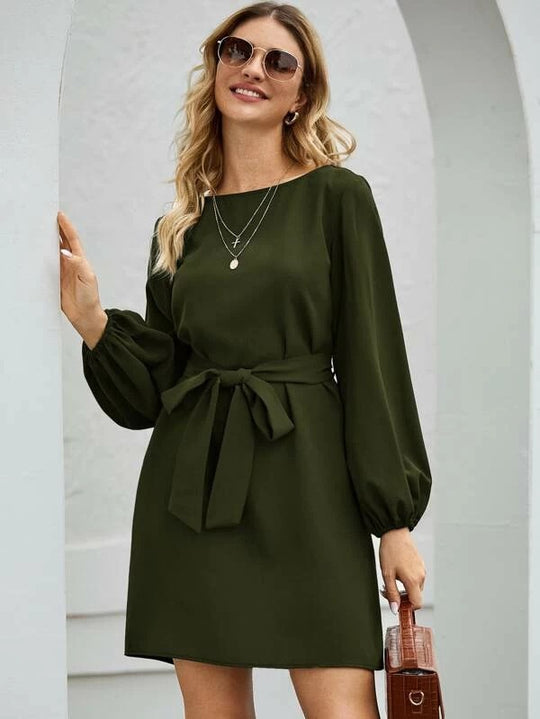 Damen Elegantes Kleid mit Ballonärmeln und Taillengürtel R&B