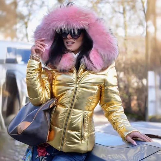 Damen Modische Steppjacke mit Kunstpelzkragen R&B