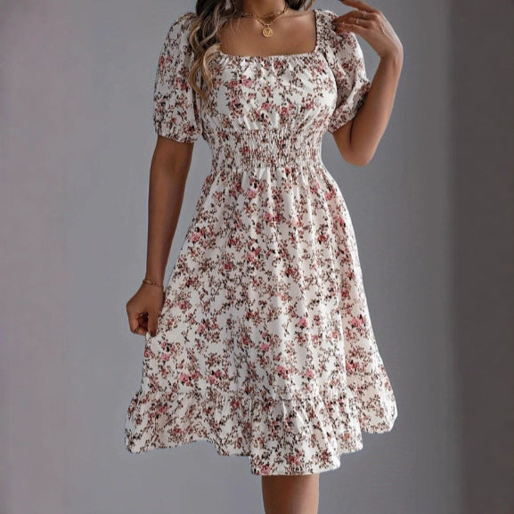 Damen sommerliches Blumenkleid mit Puffärmeln und Rüschensaum R&B