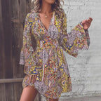 Damen V-Ausschnitt Kleid mit weiten Ärmeln und Paisleymuster R&B
