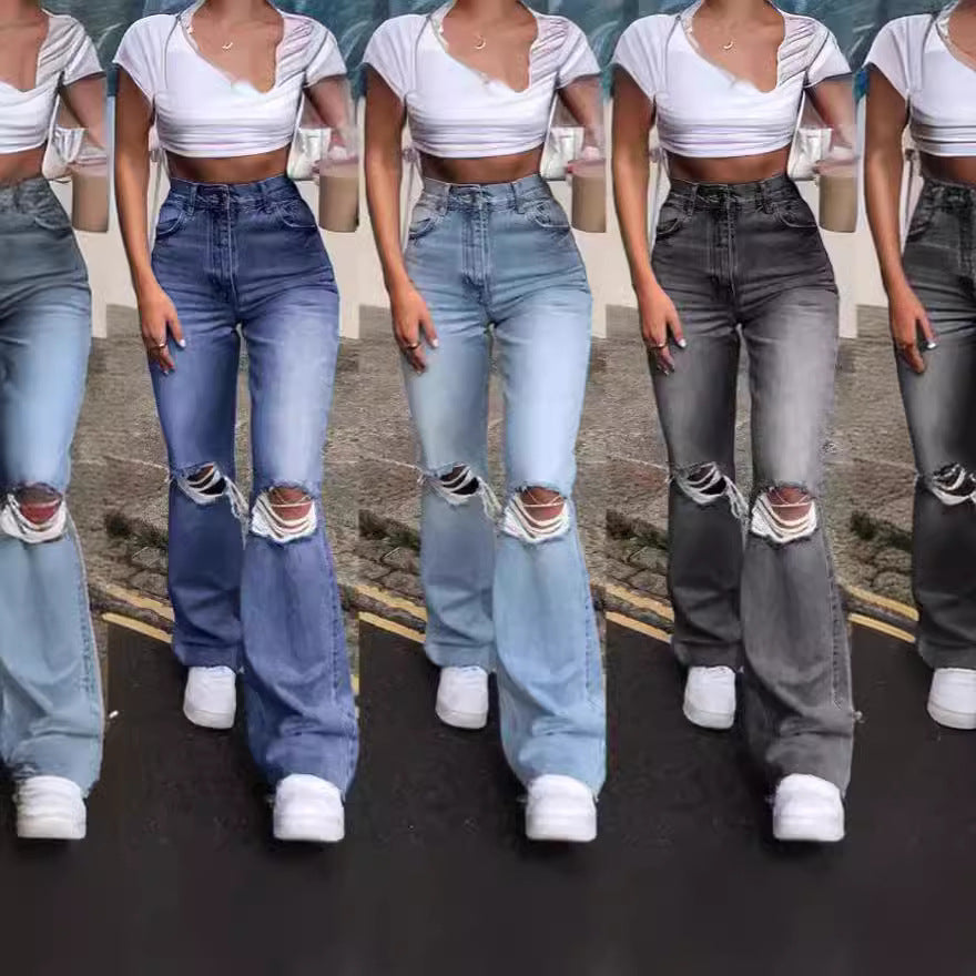 Damen Vintage Schlagjeans mit modischen Rissdetails und hohem Bund R&B