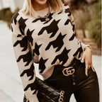 Damen lockerer Strickpullover mit modernem Hahnentrittmuster und Rundhalsausschnitt