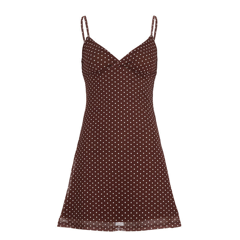 Damen süßes Spaghettiträger-Kleid mit Punktmuster und fließendem Schnitt R&B