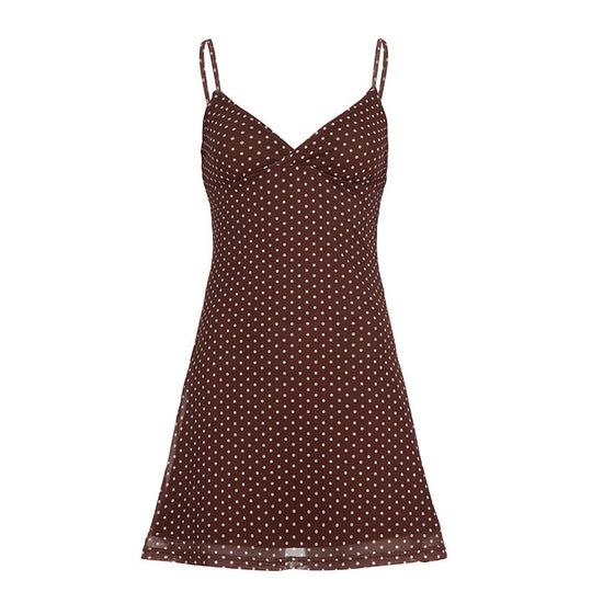 Damen süßes Spaghettiträger-Kleid mit Punktmuster und fließendem Schnitt R&B