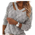 Damen lässiger Strickpullover mit V-Ausschnitt und einzigartigem Cut-out-Design R&B