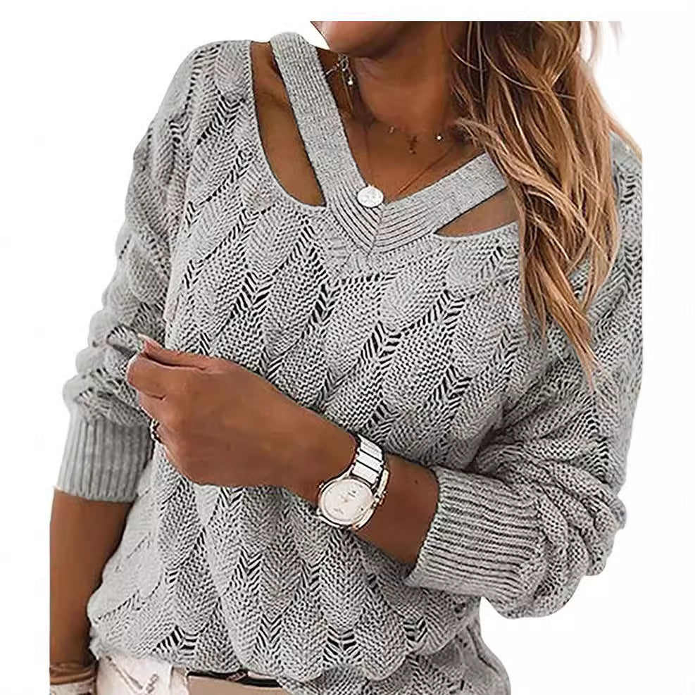 Damen lässiger Strickpullover mit V-Ausschnitt und einzigartigem Cut-out-Design R&B