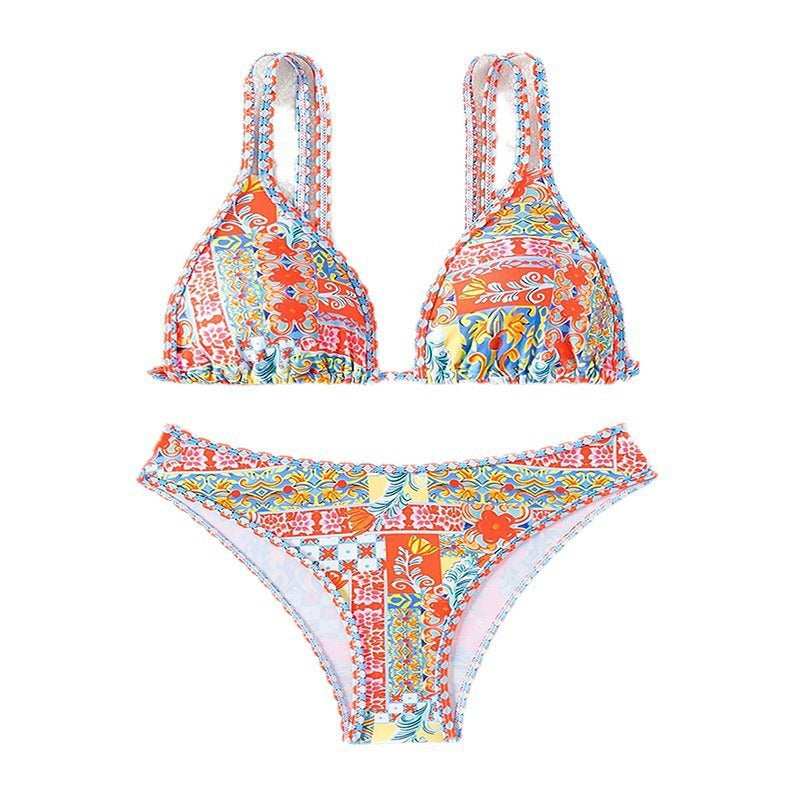 Damen Triangel-Bikini mit verstellbaren Trägern und buntem Muster R&B