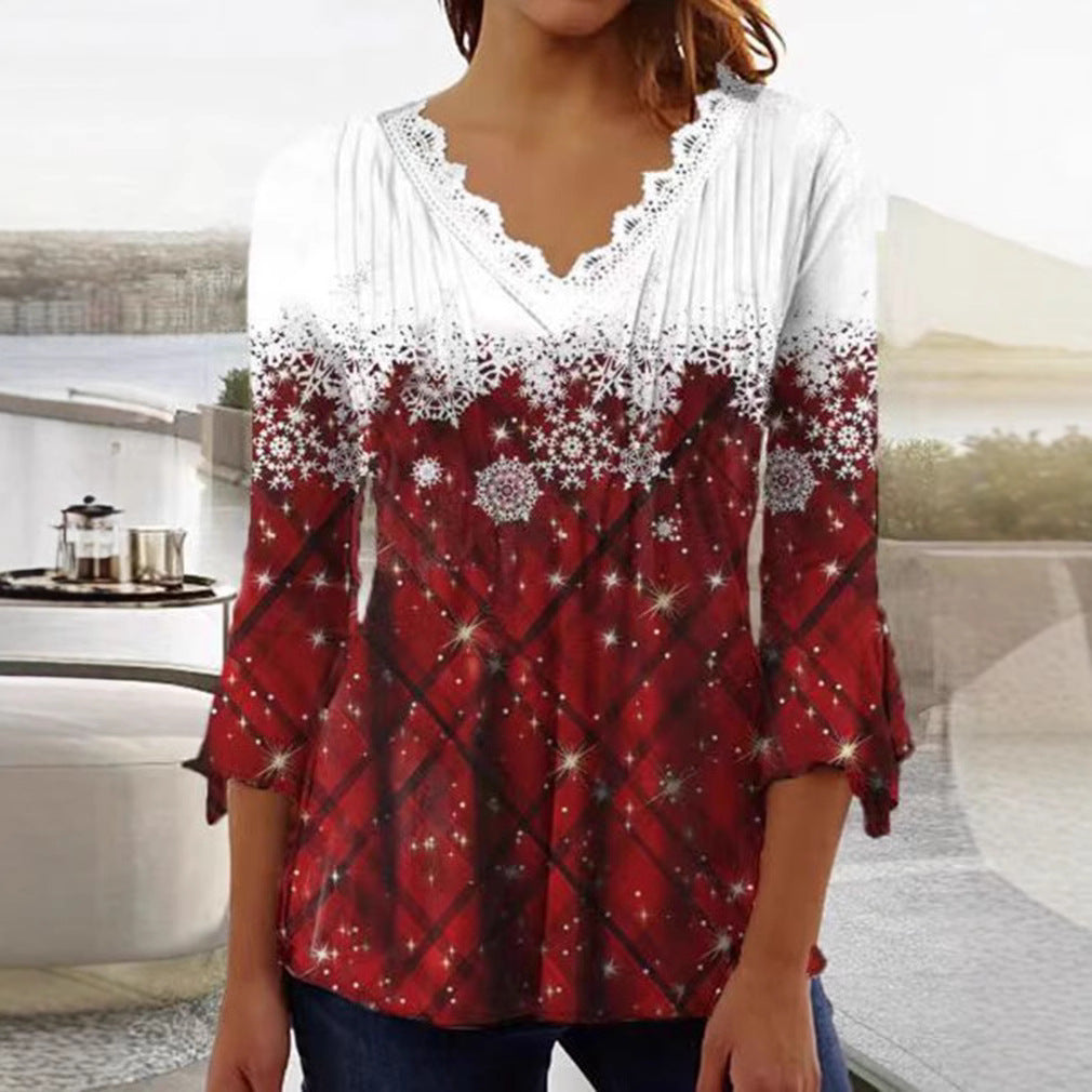 Damen nan Tunika-Bluse mit Spitzen-V-Ausschnitt, feiner Plissee-Passe und winterlichem Schneeflocken-Print R&B
