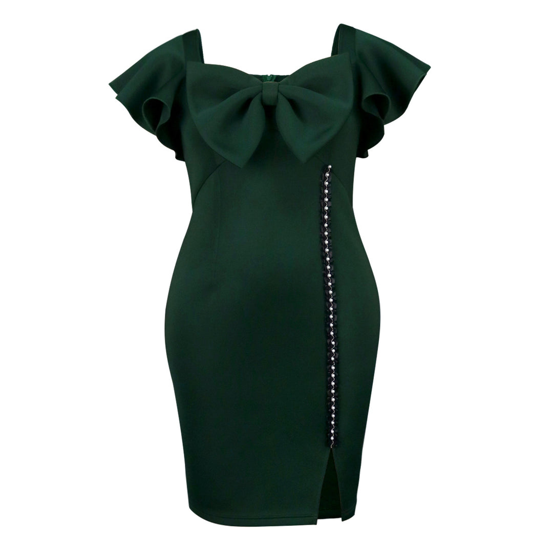Damen figurbetontes Kleid mit großem Schleifenakzent und seitlichem Schlitz R&B