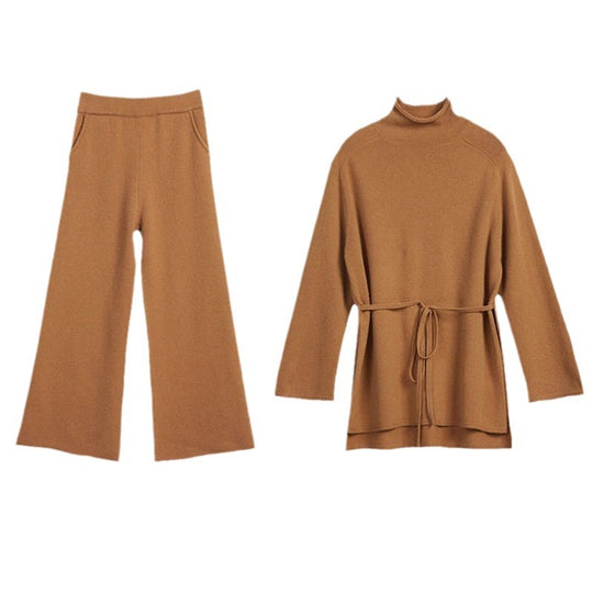 Damen Gemütliches Strickensemble mit Taillengürtel und hohem Kragen R&B