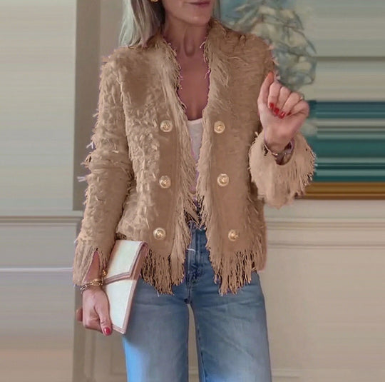 Damen nan fransenbesetzte Kurzjacke mit strukturierter Oberfläche und Zierknopfreihe R&B
