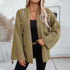 Damen luftige Strickjacke mit großen Taschen und offenen Ärmeln