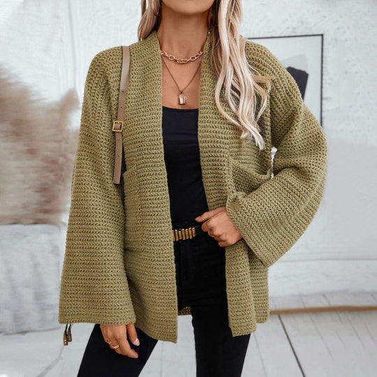 Damen luftige Strickjacke mit großen Taschen und offenen Ärmeln R&B