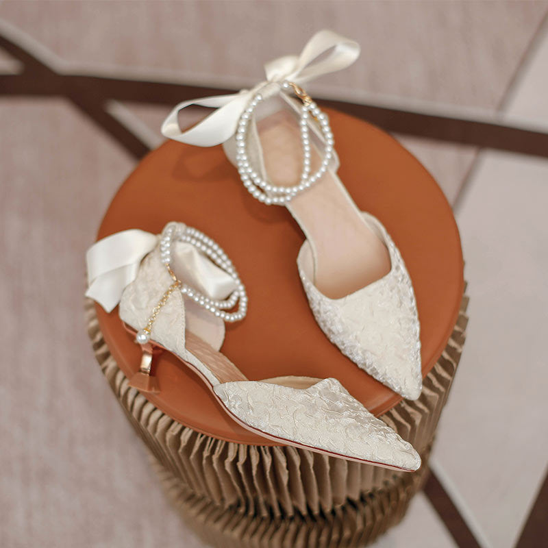 Damen elegante spitze Slingback-Pumps mit luxuriösem Perlenschmuck