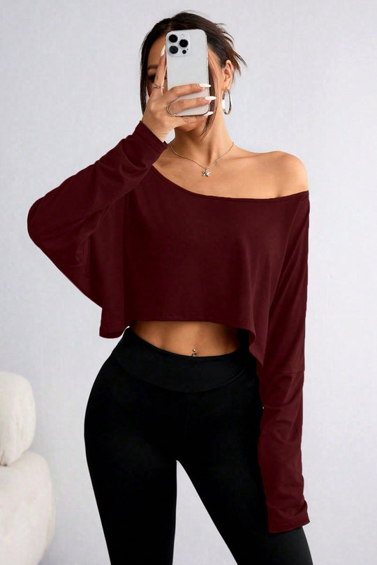 Damen lässiges Oversized Langarm-Shirt mit asymmetrischem Saum und U-Boot-Ausschnitt R&B
