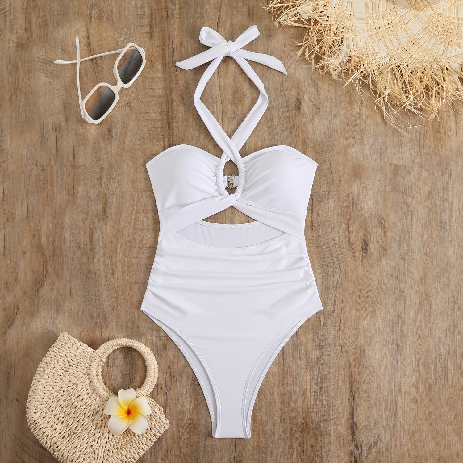 Damen einteiliger Badeanzug mit innovativem Cut-Out-Design und verspieltem Schleifenband R&B