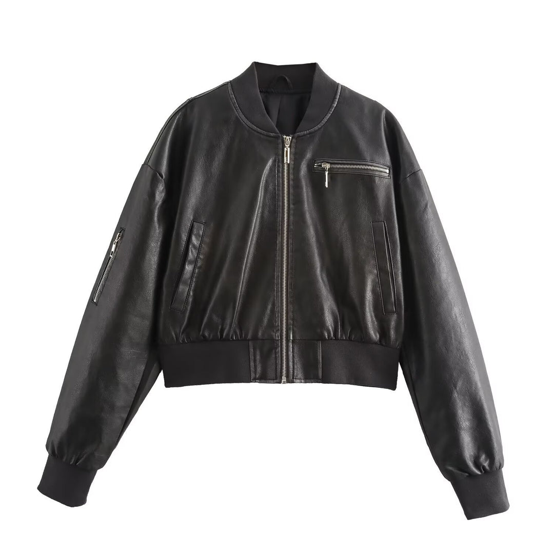 Damen lässige Bomberjacke aus hochwertigem Kunstleder R&B