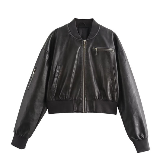 Damen lässige Bomberjacke aus hochwertigem Kunstleder R&B