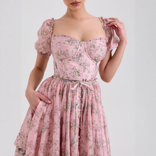 Damen Midi-Kleid mit verspielt floralen Details und Puffärmeln R&B