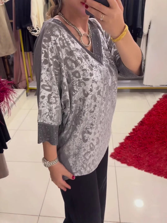 Damen Elegante Bluse mit schimmernden Akzenten und V-Ausschnitt Heidi-Mode