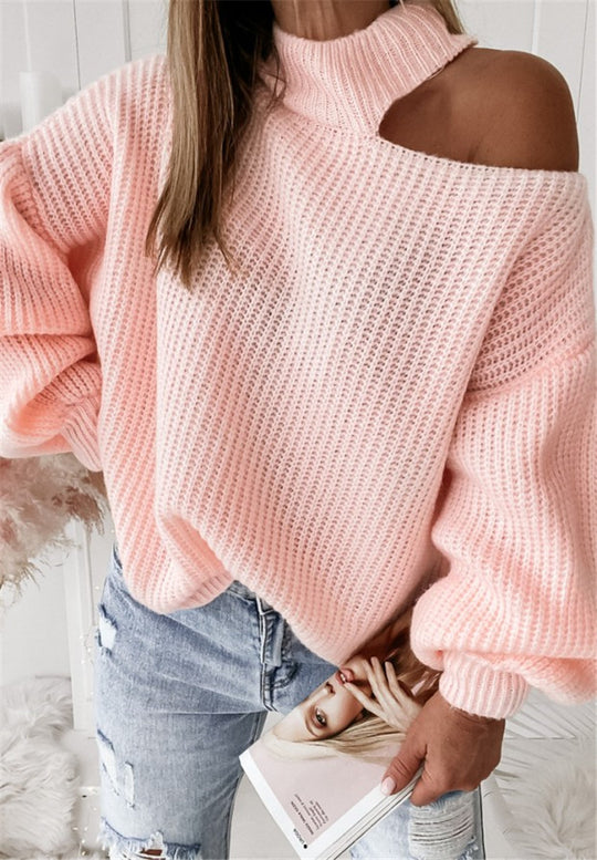 Damen lässiger Strickpullover mit asymmetrischem Schulterdesign und hohem Kragen R&B